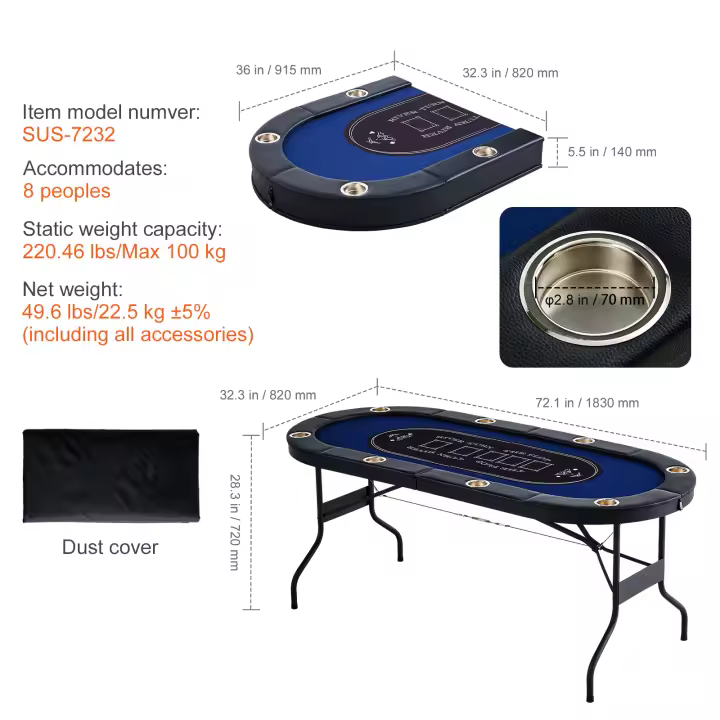 SucceBuy Mesa de póquer plegable, mesa ovalada de Blackjack y Texas Holdem con rieles acolchados y portavasos de acero inoxidable, mesa de juego de cartas de casino plegable portátil - 1