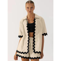 Conjunto de dos piezas de camisa de manga corta con botones y pantalones cortos holgados casuales de moda para mujer, primavera verano. - details 11