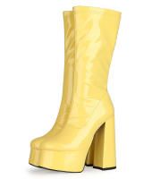 Botas de longitud media para mujer, con plataforma impermeable, tacón grueso, cremallera lateral, botas de moda de charol, Otoño/Invierno 2025 - details 23