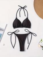Conjunto De Bikini De Dos Piezas De Moda De Color Sólido, Con Cuello Halter, Triángulo Sin Espalda Y Lazos Laterales - details 25