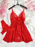 Conjunto de camisón de poliéster elástico de color sólido maduro 100g/m² Micro-Estiramiento, espalda en V profunda sin mangas con cinta y falda asimétrica, con encaje y tanga, para mujeres - details 0