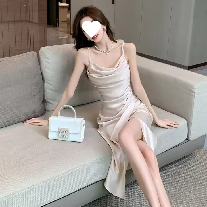 Estatura pequeña, puro deseo, vestido camisola de satén irregular, ceñido a la cintura, adelgazante, sensación de alta gama, lujo ligero - 1