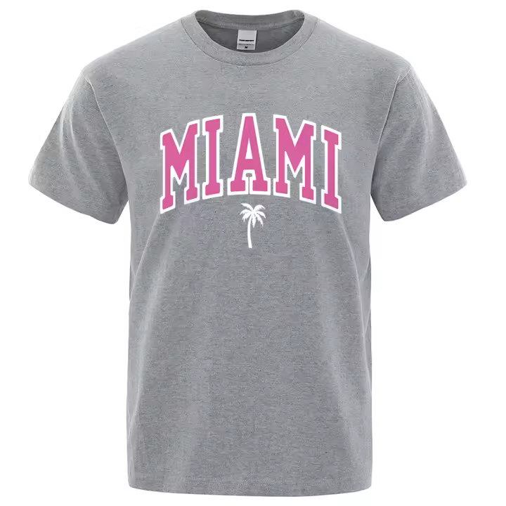 Camiseta holgada informal con letras para hombre, ropa de algodón con estampado de dibujos animados, cuello redondo, Miami Seaside City - 1