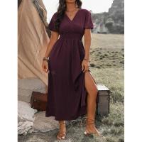 Vestido largo de verano 2024 de color sólido con cuello en V, manga acampanada, cintura elástica, adelgazante y con abertura. - details 23