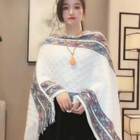 Poncho mongol con borlas de rayas rómbicas, chal de punto de estilo étnico, capa de punto, capa de Cachemira de imitación, capa superpuesta, Invierno - details 3