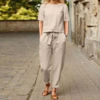 Conjunto de Verano de Algodón-Lino Manga Media, Cuello Redondo, Blusa Oversize, Pantalones de Pierna Ancha Ropa de Casa Retro - details 2