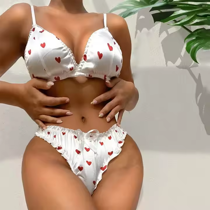 Conjunto de lencería erótica con lazo para mujer, ropa interior sexy con escote profundo en V, sin aros, pijama bonito de dos piezas - 1