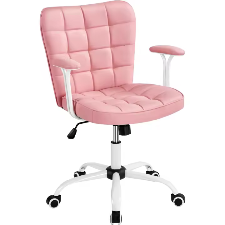 Oficina sin Reposabrazo Silla Oficina Tapizada de Cuero PU Silla con Ruedas Silla Ergonómica Base Metal Blanca - 1