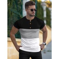Camiseta deportiva informal de manga corta de verano para hombre, con costuras tricolores y cuello en V con muescas, estilo Henry - details 6