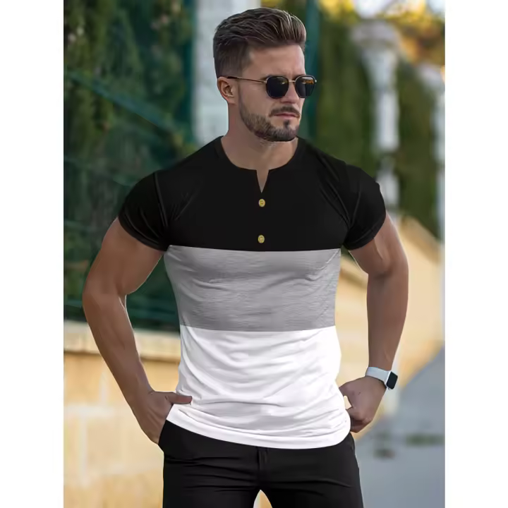 Camiseta deportiva informal de manga corta de verano para hombre, con costuras tricolores y cuello en V con muescas, estilo Henry - 1