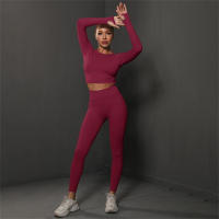 Conjuntos de gimnasio para mujeres 2 piezas manga larga ropa de yoga top cropped costilla alta leggings sin costuras material elástico para primavera/verano - details 5