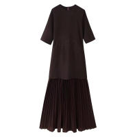 TRAFZA-vestido largo Vintage de manga corta con cremallera trasera para mujer, vestido plisado de punto con cuello redondo, decoración de empalme, primavera 2025 - details 6