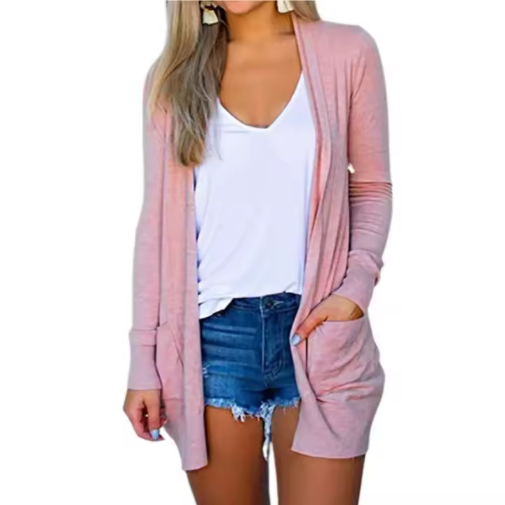 Cárdigan de mujer de 5 tamaños, color puro, informal, suave, combinado con bolsillos - 1