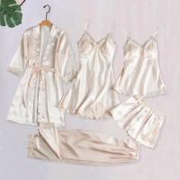 Conjunto de Dormir de Satén para Mujeres de 5 Piezas Bata de Casa ENCE, Monos de Noche, Chaleco, Pantalones - details 3