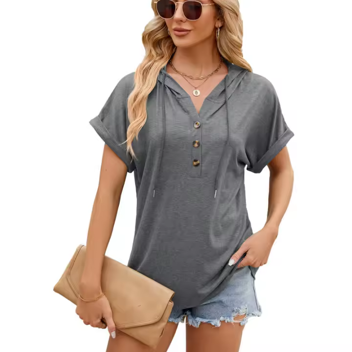 BUNO-2025 Camiseta de manga corta para mujer, Tops con capucha, botones sólidos, cordones, Verano - 1