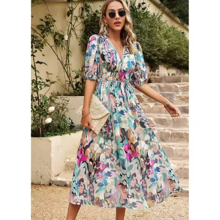 Vestido estampado de gasa con cuello en V ceñido a la cintura con temperamento de manga corta de verano 2025 para mujer - 1