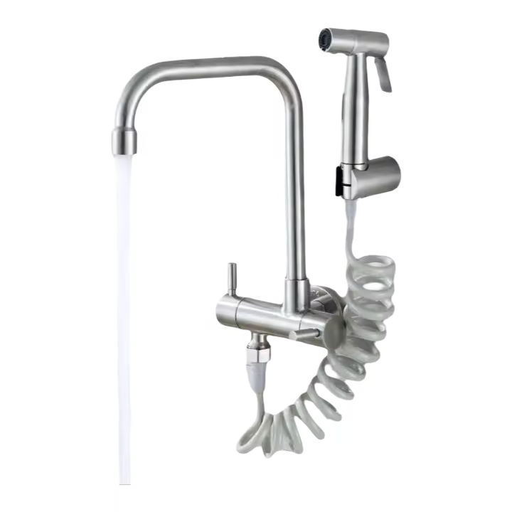 Grifo de Cocina Montado en la Pared de Acero Inoxidable Agua Fría, Apertura Rápida, Balcón, Lavandería, Piscina con Pelador y Bidet - 1