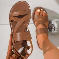 Sandalias planas para mujer, verano, punta redonda, color sólido, una tira con hebilla, talla grande, zapatos de mujer - details 4