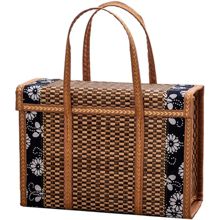 Cesta tejida de mimbre para Picnic, bolsa de almacenamiento plegable con asa para fruta, comida, compras, cesta de Bambú - 1