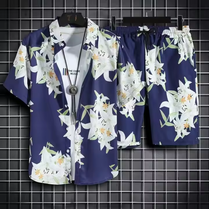 Conjunto casual de playa para hombre de 2 piezas, camisa hawaiana y pantalones cortos de secado rápido - 1