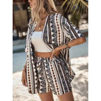 Estampado vacacional elegante blusa de dos piezas manga corta top con cordones talle alto shorts blaster - details 4