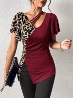 Nuevo estampado de leopardo irregular manga corta Camiseta cuello mariposa manga patchwork top mujer - details 5