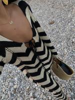 Vestidos de punto a rayas para mujer, vestido Maxi de playa con cordones de manga larga para mujer, batas ajustadas de punto con cuello cuadrado calado - details 5