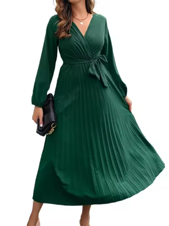 Elegante Vestido Largo Plisado de Color Sólido para Mujer Moda Otoño Primavera 2025 - 1