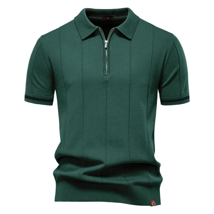 Camisa Polo Deportiva Para Hombre AIOPESON Color Sólido Con Cierre De Cremallera Ajustada Para Oficina Y Social Transpirable Poliéster Viscosa - 1