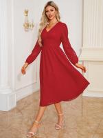 Vestido largo de manga larga con cuello en V para mujer, vestido elegante de corte en A, Color liso Vintage, estético, nuevo en oferta - details 11