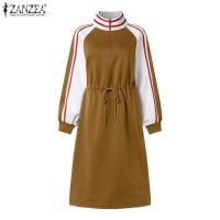ZANZEA-vestido deportivo de primavera para mujer, vestido informal a la moda de manga larga con rayas en contraste, vestido Midi con cuello levantado y cordón en la cintura - details 7
