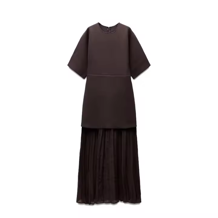 Moda manga corta Patchwork plisado Midi vestido mujer elegante cuello redondo cintura alta fiesta vestido largo señora vacaciones Vestidos - 1