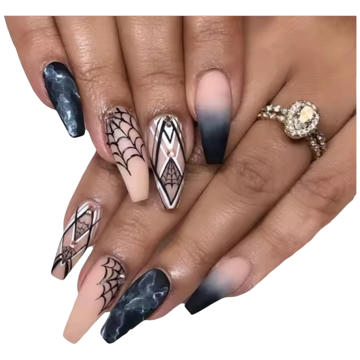 24 uñas postizas acrílicas divertidas con diseño de Luna y estrellas, uñas postizas largas para Mujeres y niños (D) - 1
