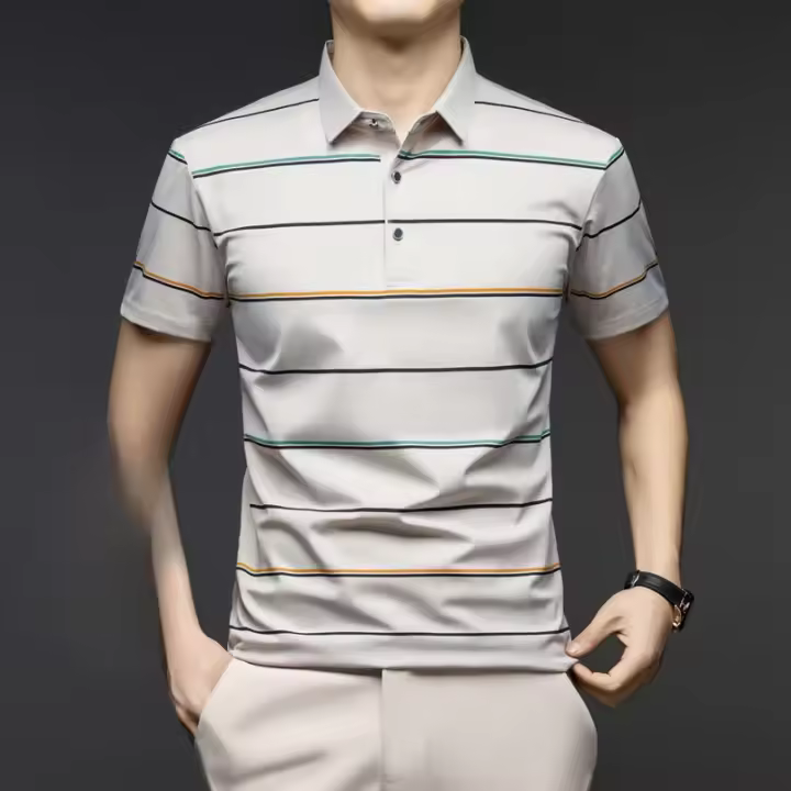 Polo de negocios, solapa grande, camiseta de alta gama, manga corta, nuevo top informal fresco de seda helada, camisa para papá - 1