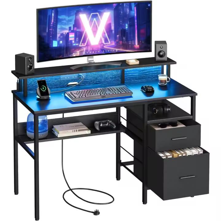 Luces LED y Tomas Corriente Incorporadas, Estante para Monitor, 55 x 120 x 90 cm, 2 Puertos USB-A - 1