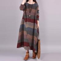 Jersey de manga larga con cuello redondo para mujer, vestido largo holgado a rayas con contraste de Color, ropa diaria para otoño e invierno - details 0