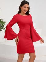 Elegante y bonito vestido Midi de manga larga para mujer, de Color sólido vestido ajustado, falda de cuello redondo que cubre la cadera - details 7