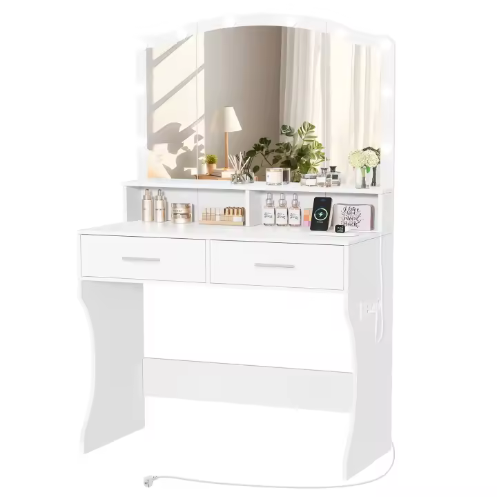 Tocador con Iluminación LED Regulable, 3 Modos, Tocador de Maquillaje con Espejo, Tocador de Maquillaje Cosmético con 2 Cajones y Enchufes, Tocador de Maquillaje, para Dormitorio, Blanco - 1