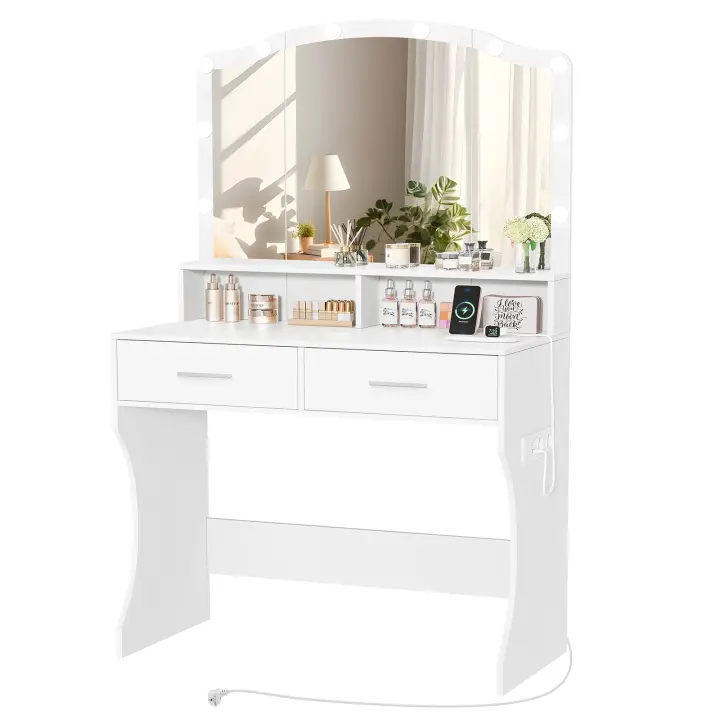 Tocador con Iluminación LED Regulable, 3 Modos, Tocador de Maquillaje con Espejo, Tocador de Maquillaje Cosmético con 2 Cajones y Enchufes, Tocador de Maquillaje, para Dormitorio, Blanco - 1