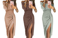 BUNO-Vestido de moda informal para mujer, vestido largo de fiesta de noche ajustado de manga larga con hombros descubiertos para mujer Vestidos de tubo divididos asimétricos - details 4