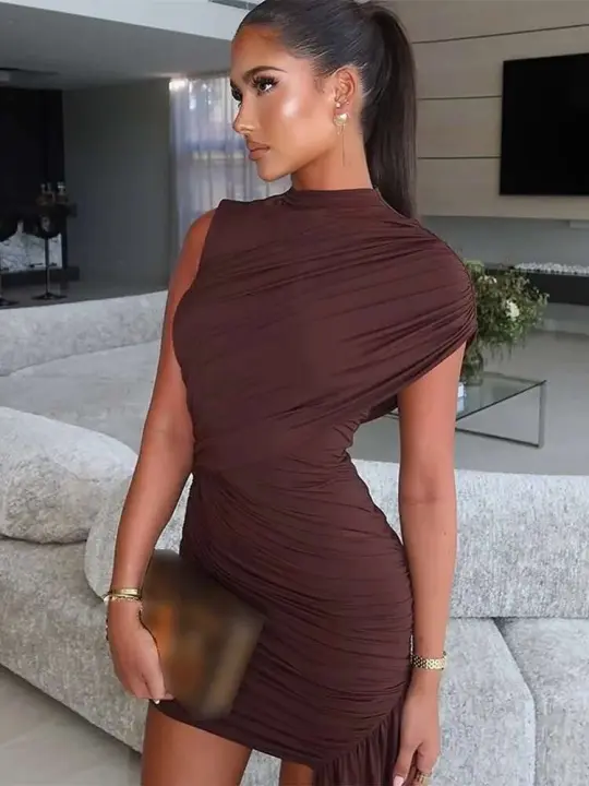 Mini Vestidos plisados ​​marrones para mujer, Vestidos elegantes drapeados con cuello alto fruncido sin mangas, Vestidos ajustados de verano para mujer, Vestido corto de fiesta para discoteca - 1