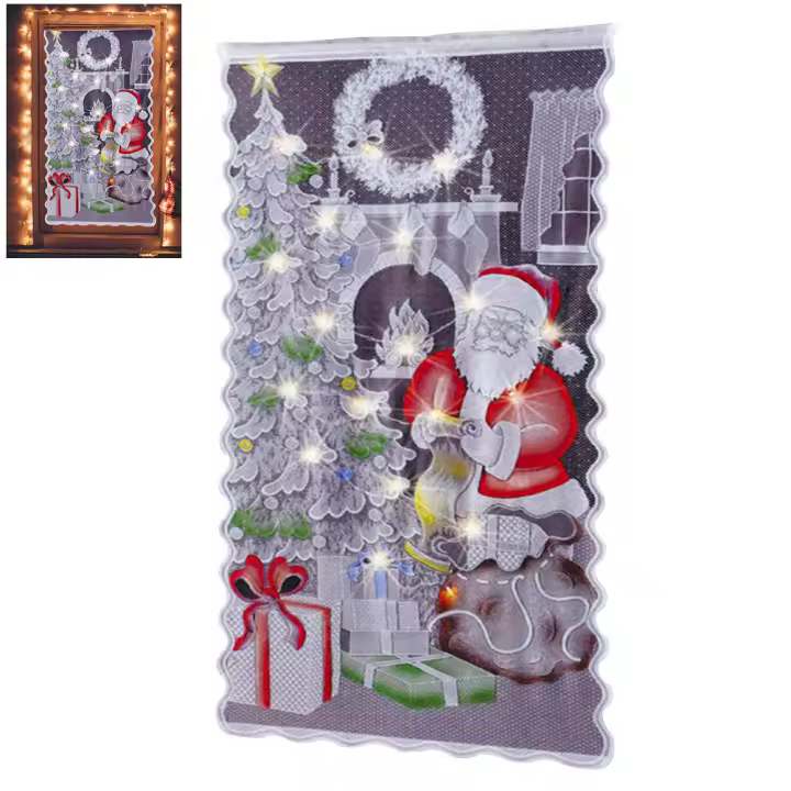 Cortinas navideñas de encaje con luz LED, cortinas medio opacas de Papá Noel, decoración del hogar para sala de estar y dormitorio - 1