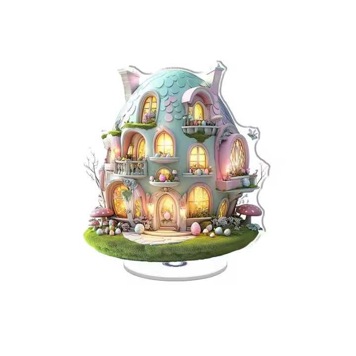 Expositor acrílico giratorio con un palacio de conejitos de Pascua en forma de huevo con ventanas de colores pastel, setas y luz suave sobre fondo blanco. - 1