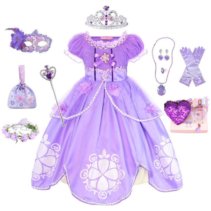 Vestido de Princesa Sofía para niña, disfraz de Cosplay con mangas abullonadas, vestidos de capas para fiesta de cumpleaños, disfraces de fantasía con volantes Sophia