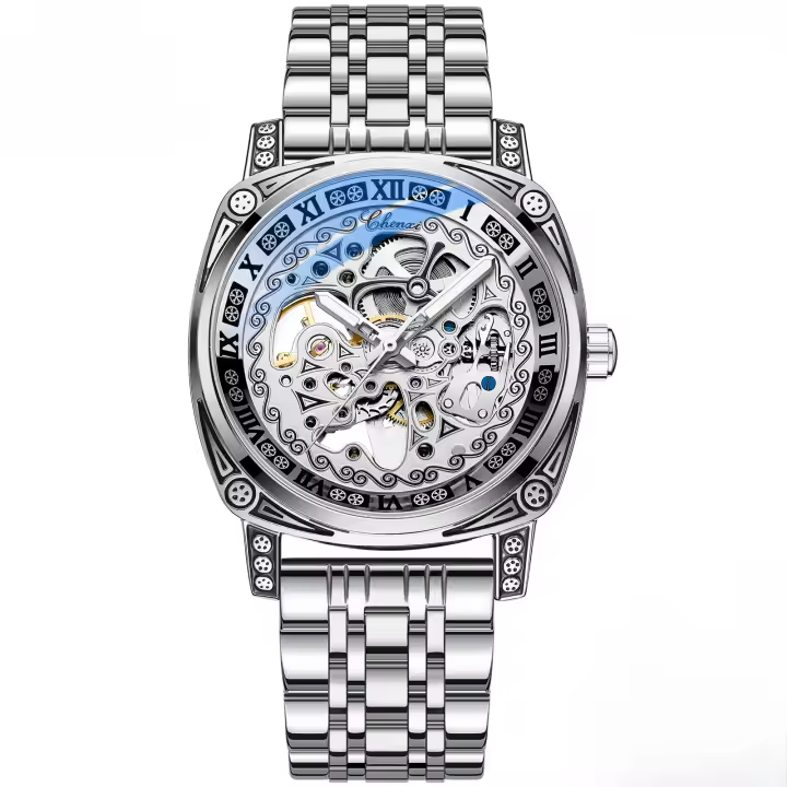 Nuevo reloj grabado retro, reloj mecánico para hombre, hueco impermeable de cuero genuino para hombre - 1