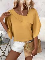 Blusa holgada de talla grande para mujer, color amarillo liso, camisa informal de media manga con cuello cuadrado y estilo de gran tamaño, aspecto veraniego - details 1