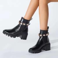 Botas de invierno para mujer con tiras de diamantes de imitación, cantidad mínima de pedido baja, tacones, suelas gruesas, botines, cuero genuino - details 0