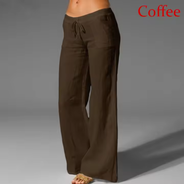 Pantalones de pierna ancha de lino y algodón para mujer, pantalón largo recto con cintura elástica y cordón, holgado e informal, con bolsillos lisos - 1