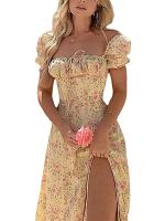 Meihuda Vestido largo de escuela secundaria con estampado de pastizales y manga corta esponjosa, con encaje en el pecho, nuevo - details 3