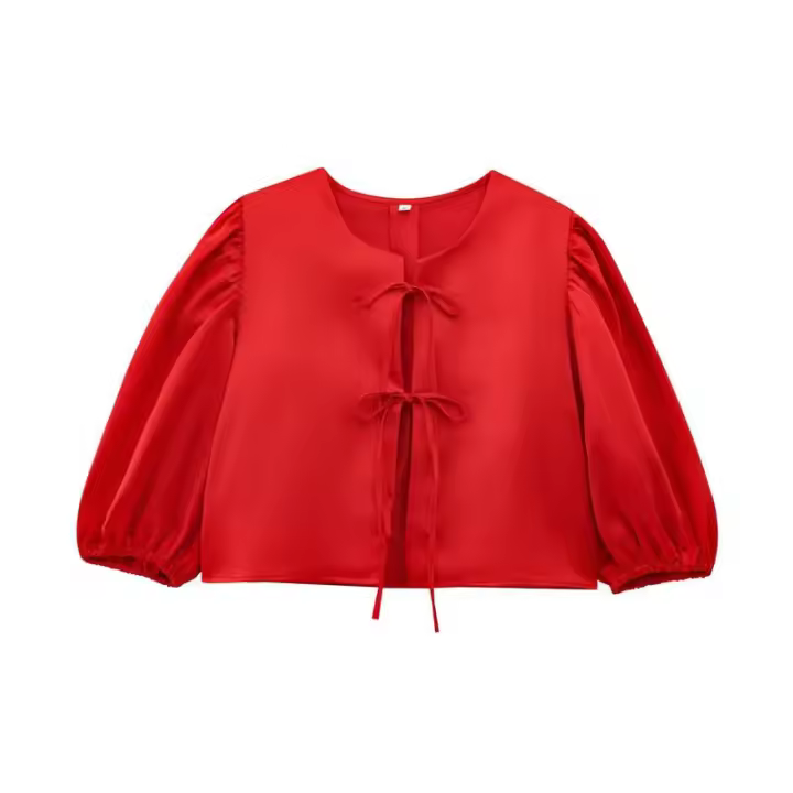 OUWU- Primavera Verano 2025 Mujer Moda Satén Manga Burbuja Arco Corto Top Casual Ajustado Manga Larga Camiseta - 1
